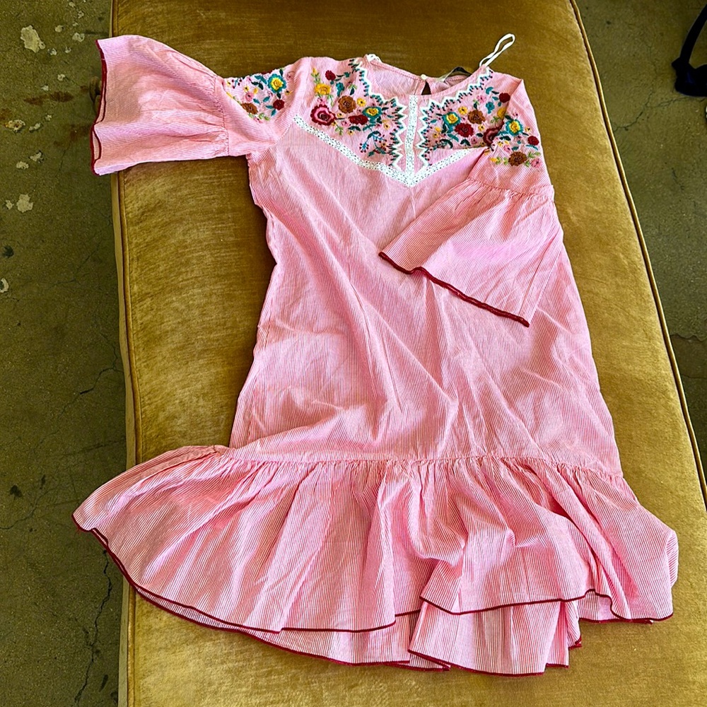 Zara Basics Anazing lightweight Cotton Embroidered A line Dress Pinstripe Red